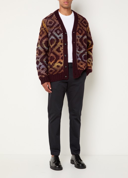 NN.07 Viggo grofgebreid vest in alpaca wolblend met grafische print - voorkant 2 bordeauxrood
