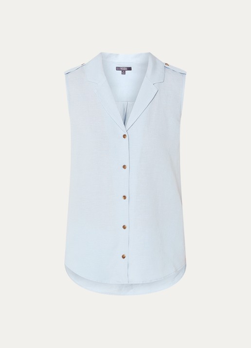 NYDJ Gabrielle mouwloze blouse in linnenblend - voorkant 2 lichtblauw
