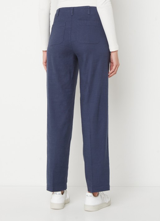 NYDJ Marilyn high waist straight fit broek in linnenblend met steekzakken - achterkant 2 donkerblauw