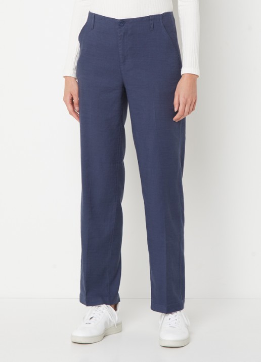 NYDJ Marilyn high waist straight fit broek in linnenblend met steekzakken - detail donkerblauw