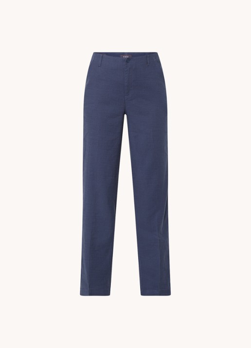 NYDJ Marilyn high waist straight fit broek in linnenblend met steekzakken - voorkant 3 donkerblauw
