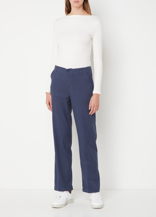 NYDJ Marilyn high waist straight fit broek in linnenblend met steekzakken - voorkant 4 donkerblauw