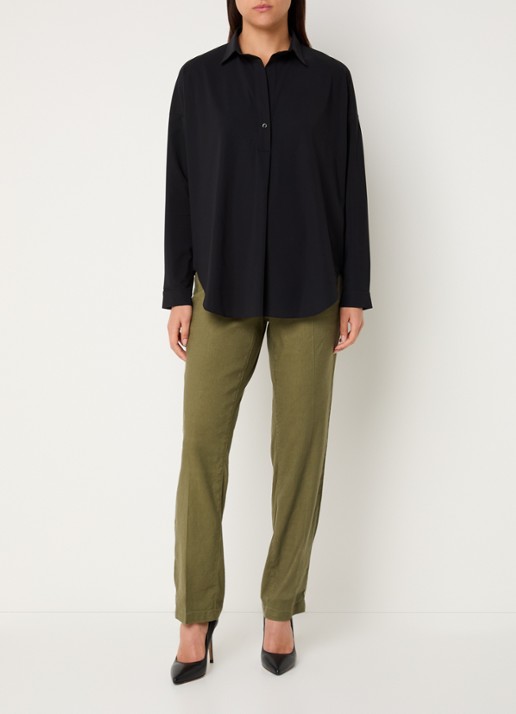 NYDJ Marilyn high waist straight fit broek in linnenblend met steekzakken - voorkant 2 legergroen