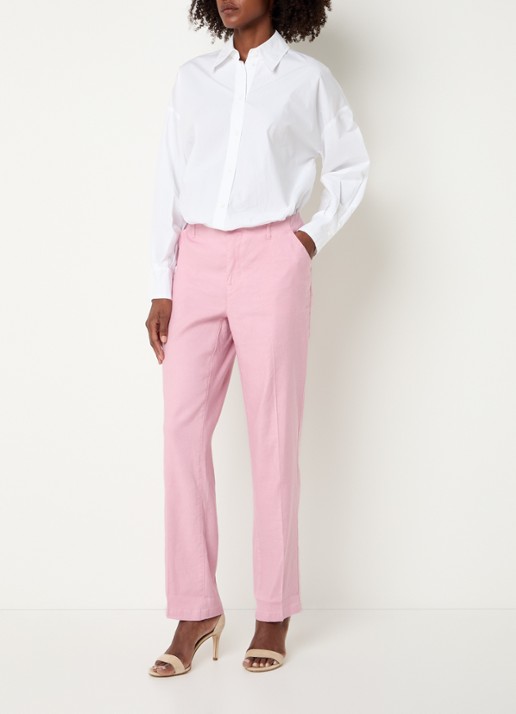 NYDJ Marilyn high waist straight fit broek in linnenblend met steekzakken - voorkant 2 lichtroze