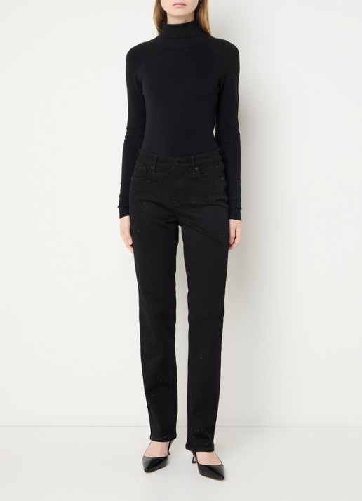 NYDJ Marylin high waist straight leg jeans met strass - voorkant 4 zwart