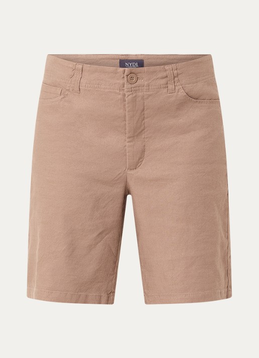 NYDJ Mid waist straight fit korte broek in linnenblend - voorkant camel