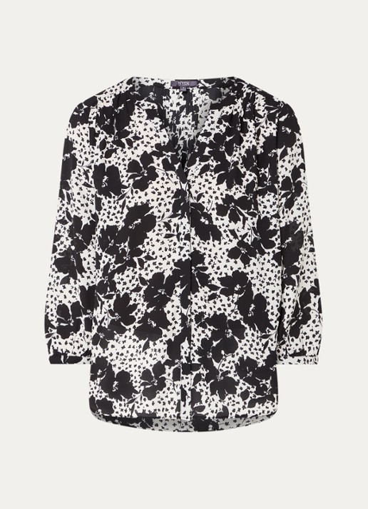 NYDJ Pintuck blouse met V-hals en print - voorkant 3 zwart