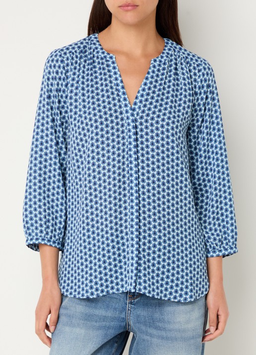 NYDJ Pintuck blouse met V-hals en print - detail petrol