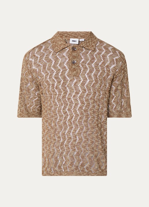 Obey Andre grofgebreide regular fit polo met opengewerkt dessin - voorkant 3 donkerbeige