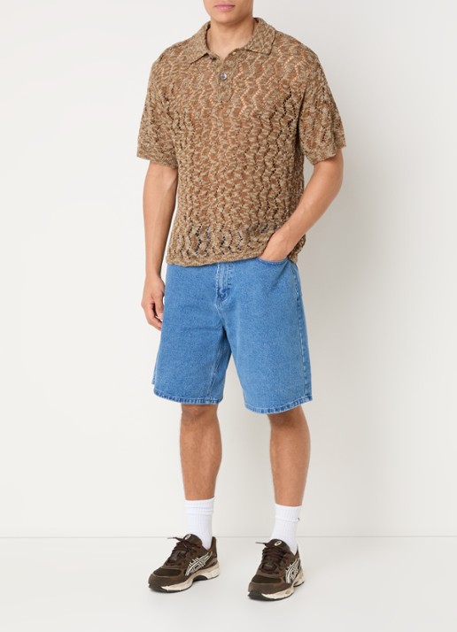 Obey Andre grofgebreide regular fit polo met opengewerkt dessin - voorkant 4 donkerbeige