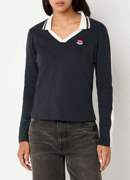 Obey Aren polo met logo en v-hals  - detail 4 antraciet
