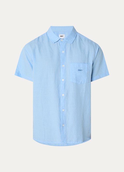 Obey Barry regular fit overhemd in linnenblend met borstzak - voorkant 3 blauwgrijs