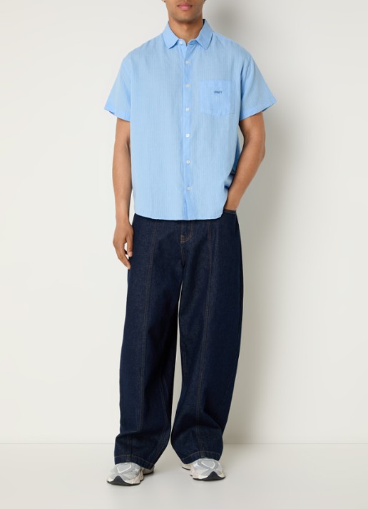 Obey Barry regular fit overhemd in linnenblend met borstzak - voorkant 4 blauwgrijs