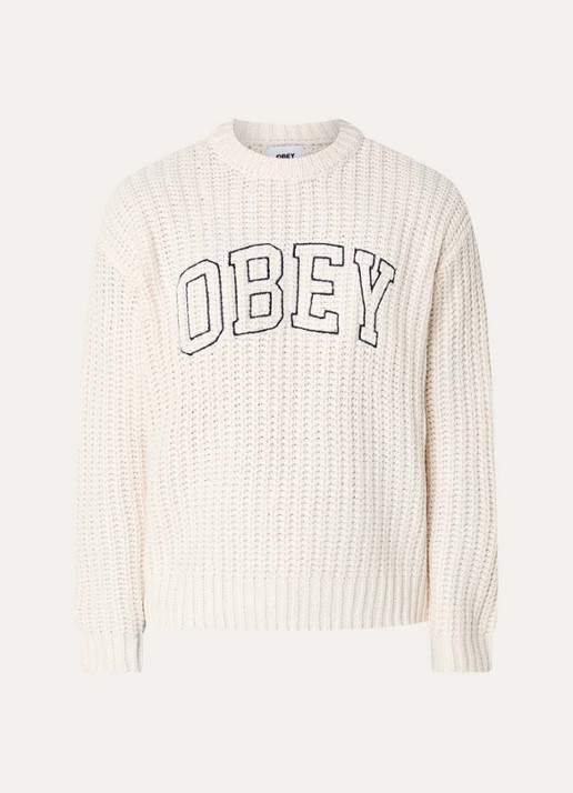 Obey Collegiate grofgebreide trui in wolblend met logoborduring - voorkant 3 vanillegeel