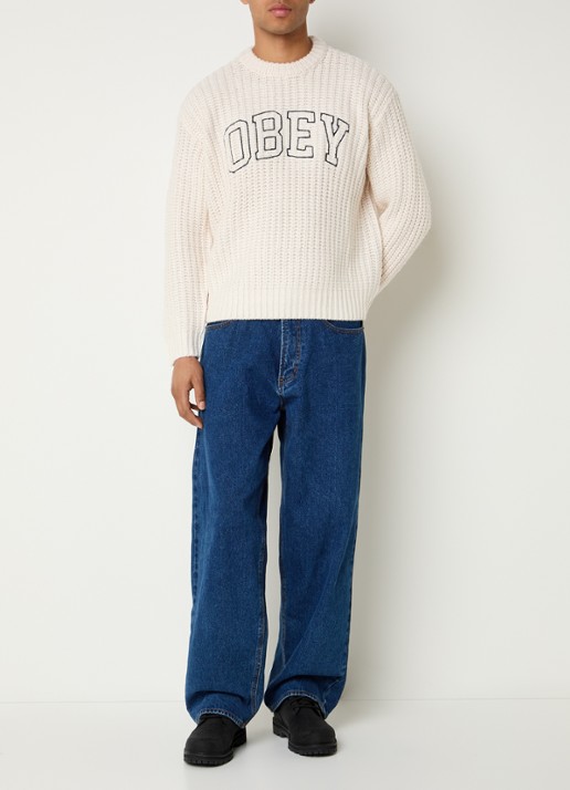 Obey Collegiate grofgebreide trui in wolblend met logoborduring - voorkant 4 vanillegeel