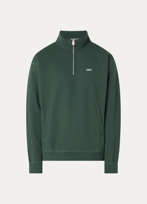 Obey Established Works sweater met halve rits en logoborduring - voorkant 3 groen
