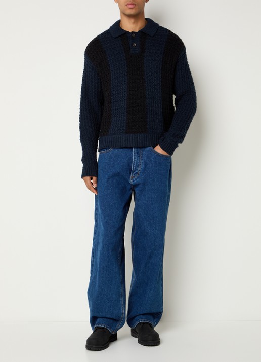 Obey Grofgebreide trui met polokraag - voorkant 4 donkerblauw
