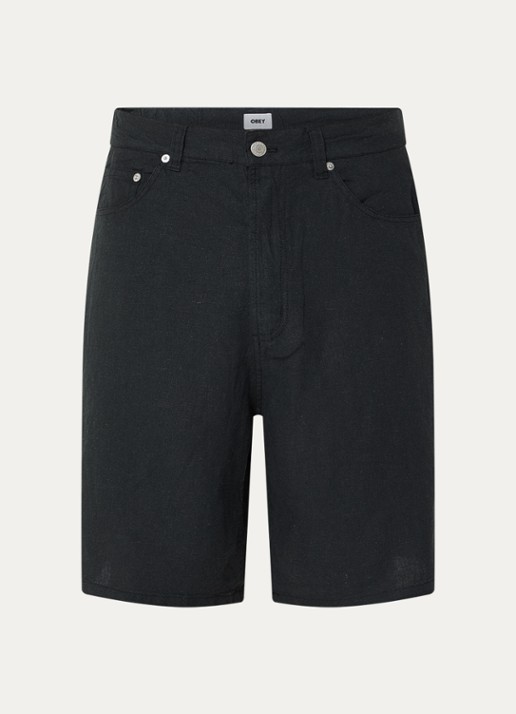 Obey Hyde loose fit korte broek in linnenblend - voorkant 2 zwart
