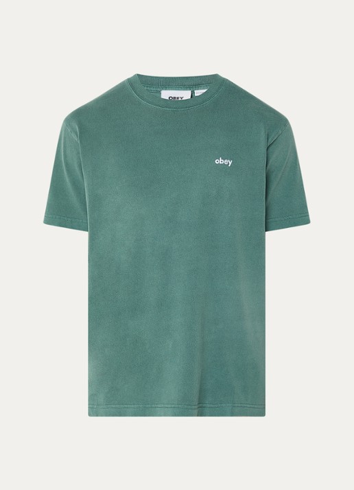 Obey Lowercase Pigment T-shirt met logoborduring - voorkant zeegroen