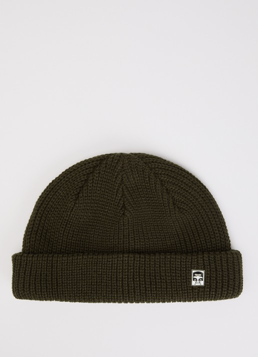 Obey Micro ribgebreide muts met logo - voorkant bronsgroen