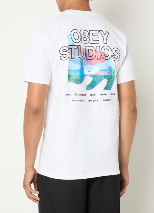 Obey Pastures T-shirt met logo- en backprint - detail wit