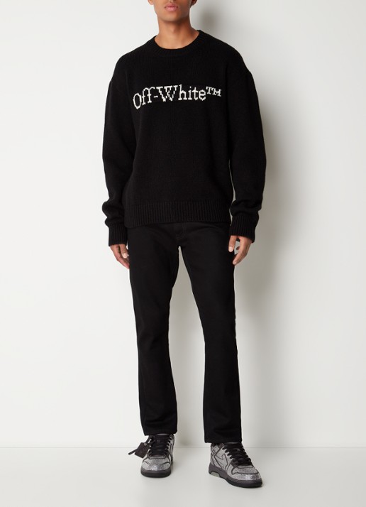 Off-White Grofgebreid trui in wolblend met ingebreid logo - voorkant 3 zwart