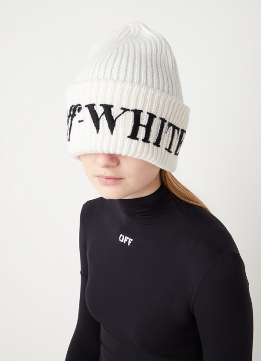 Off-White Grofgebreide muts van wol met logoborduring - voorkant 2 gebroken wit
