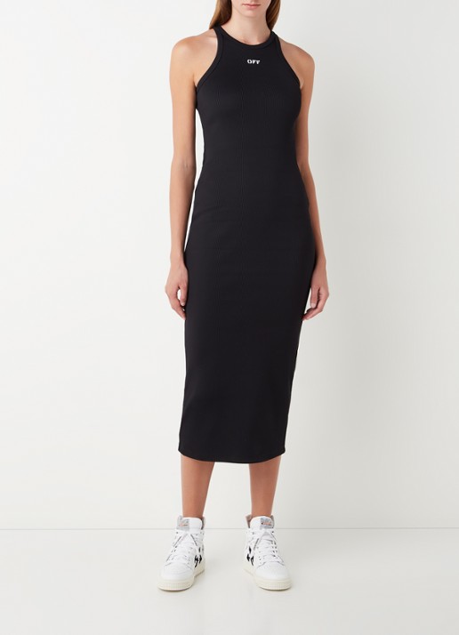 Off-White Lux midi jurk met logoprint en ribstructuur - detail zwart