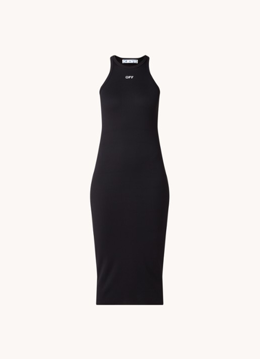 Off-White Lux midi jurk met logoprint en ribstructuur - voorkant 3 zwart