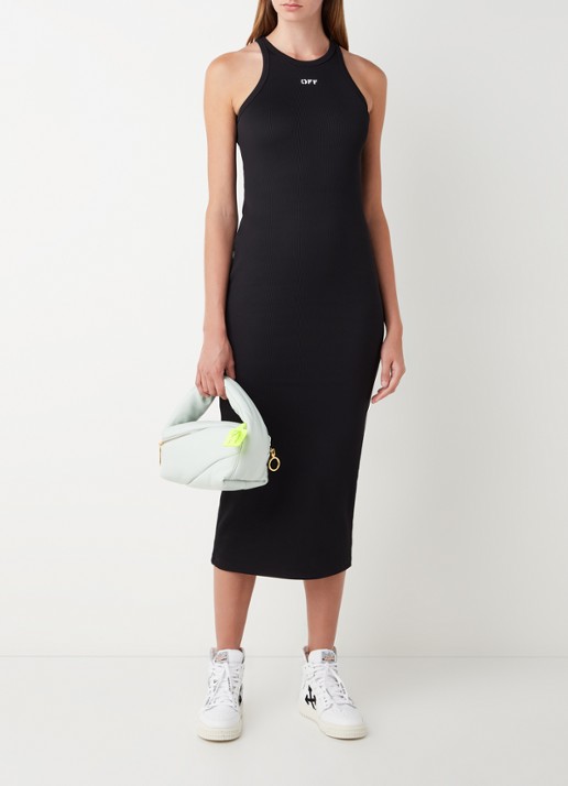 Off-White Lux midi jurk met logoprint en ribstructuur - voorkant 4 zwart