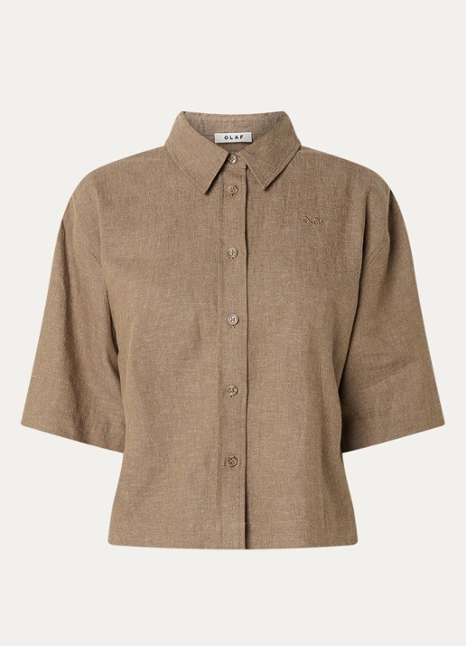 OLAF Blouse van linnen met logoborduring - voorkant 2 zand