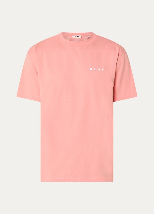 OLAF Brushstroke T-shirt met logo- en backprint - voorkant 2 koraal