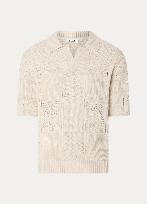 OLAF Grofgebreide regular fit polo in linnenblend met opengewerkt dessin - voorkant beige