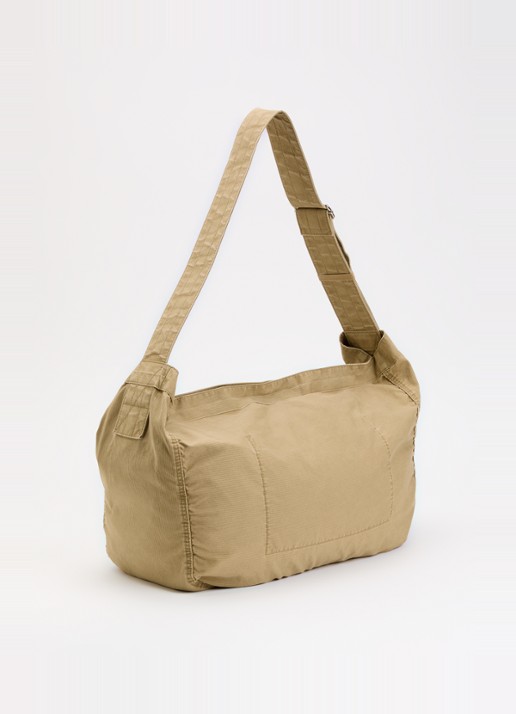 OLAF Herringbone Newspaperbag schoudertas met logo patchwork  - achterkant 2 camel