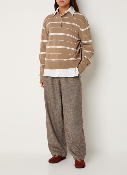 OLAF Pullover met streepprint en logoborduring - voorkant 4 lichtbruin