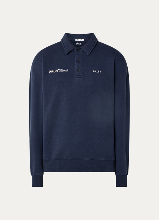 OLAF Script oversized fit polo met logoborduring - voorkant 3 donkerblauw