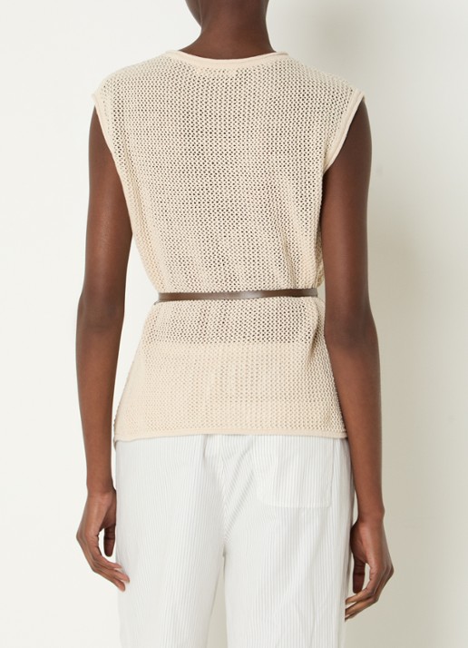 OLAF Top in linnenblend met opengewerkt dessin en strikceintuur - achterkant creme