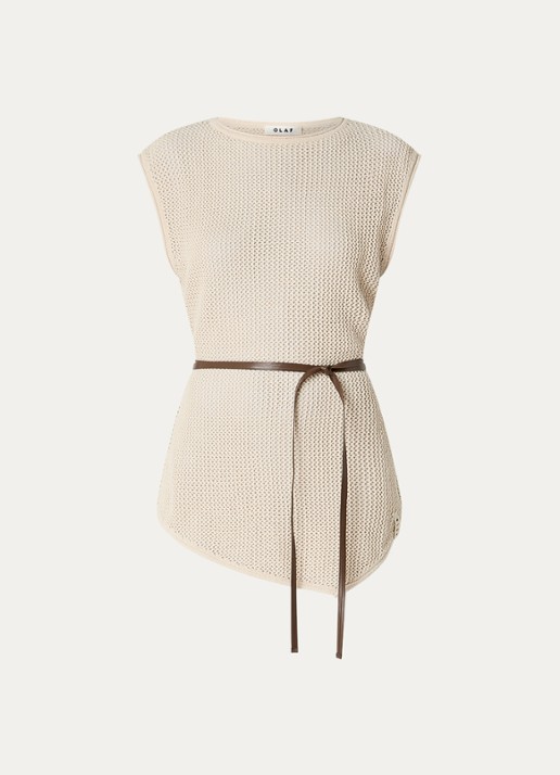 OLAF Top in linnenblend met opengewerkt dessin en strikceintuur - voorkant 3 creme