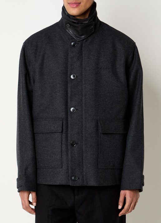 OLAF Wool Workwear jack in wolblend met gemêleerd dessin en kraag van imitatieleer