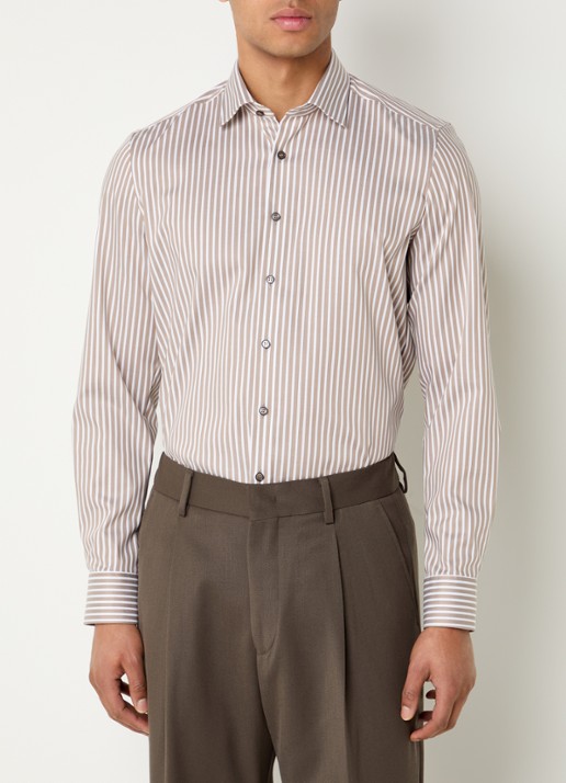 Olymp Level 5 slim fit strijkvrij overhemd met streepprint - detail 4 beige