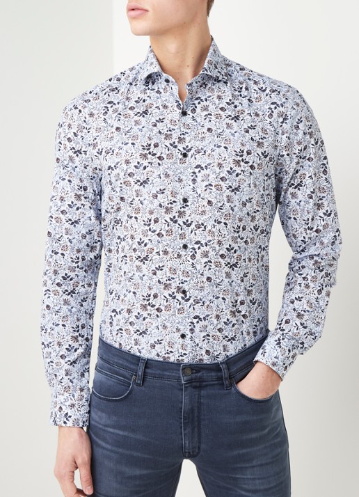 Olymp Slim fit overhemd met bloemenprint - detail 3 blauw