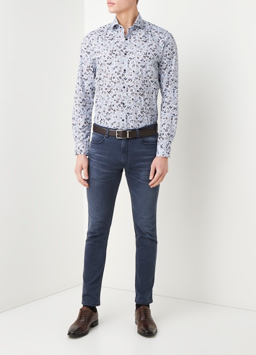 Olymp Slim fit overhemd met bloemenprint - voorkant 2 blauw