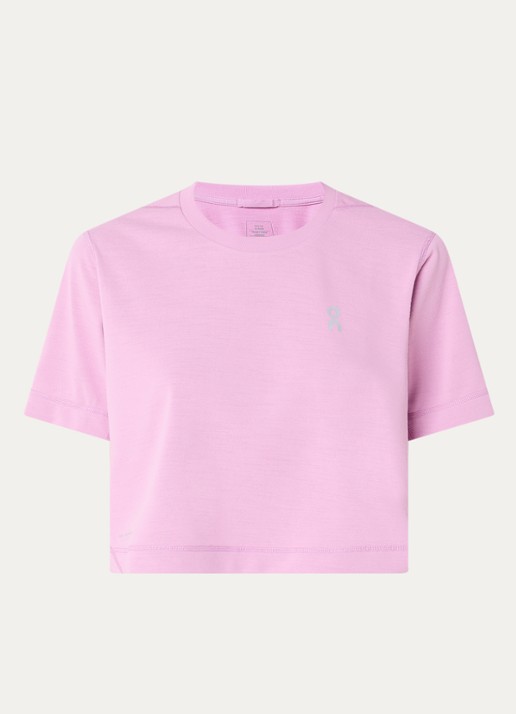 On Train cropped trainings T-shirt met logo- en backprint - voorkant 2 roze