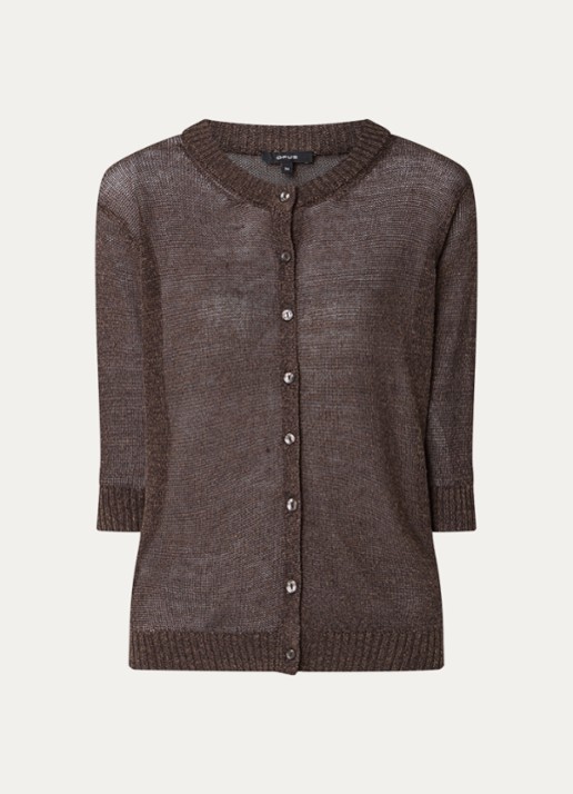 OPUS Datina grofgebreid vest in linnenblend - voorkant 2 donkerbruin