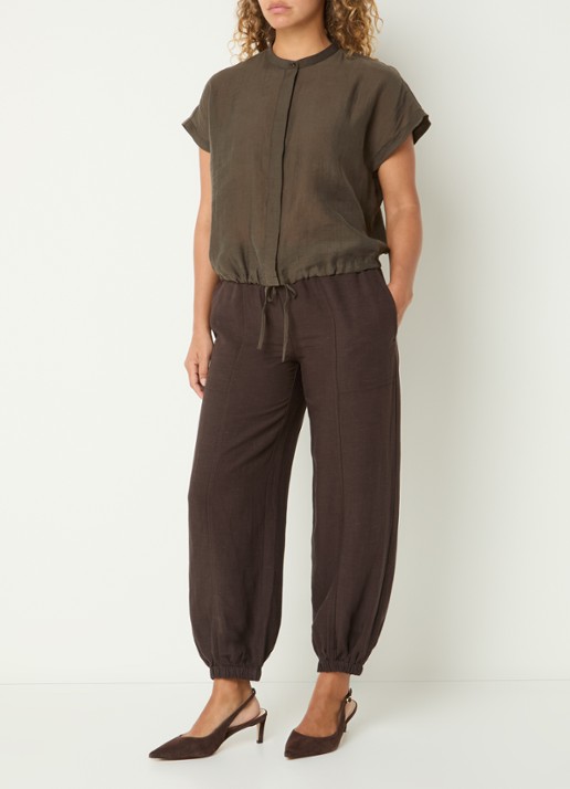 OPUS Fadell semi-transparante blouse met trekkoord - voorkant 2 bronsgroen