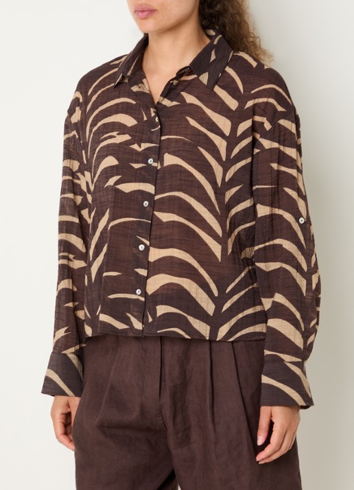OPUS Fadena Leaves semi-transparante blouse met bladprint - detail 4 bruin