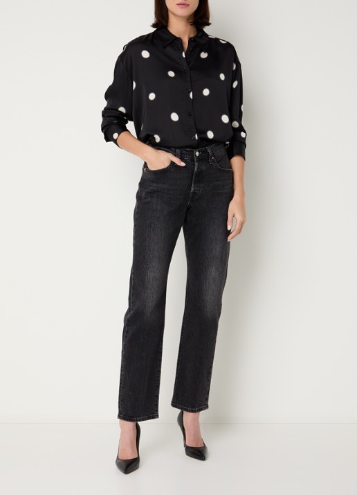 OPUS Famena blouse van satijn met stippenprint - voorkant 2 zwart