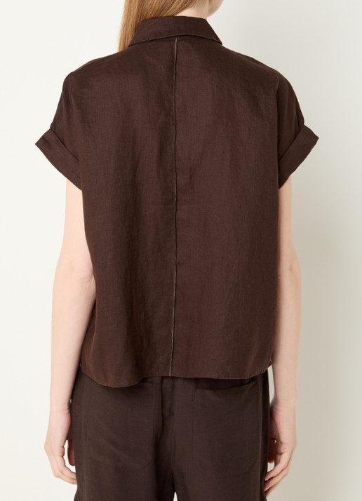 OPUS Felila blouse van linnen met siernaad - achterkant donkerbruin
