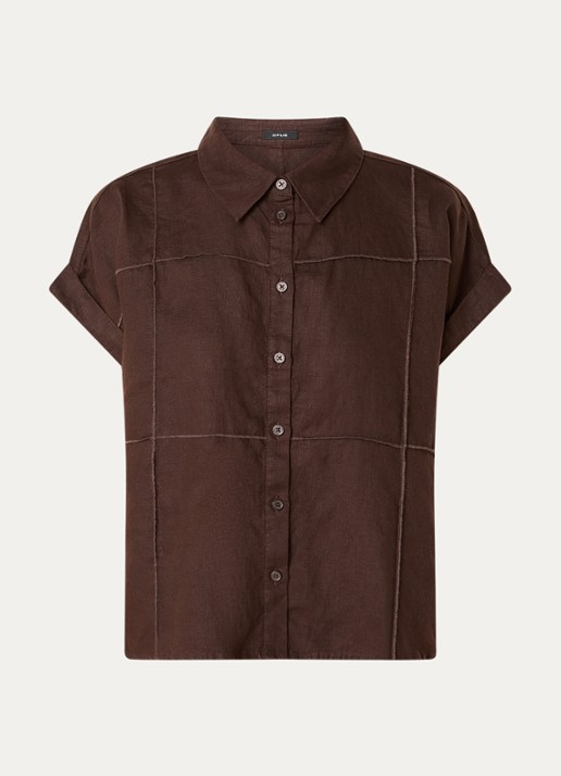 OPUS Felila blouse van linnen met siernaad - voorkant 2 donkerbruin