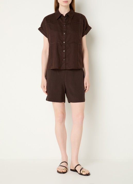 OPUS Felila blouse van linnen met siernaad - voorkant 3 donkerbruin